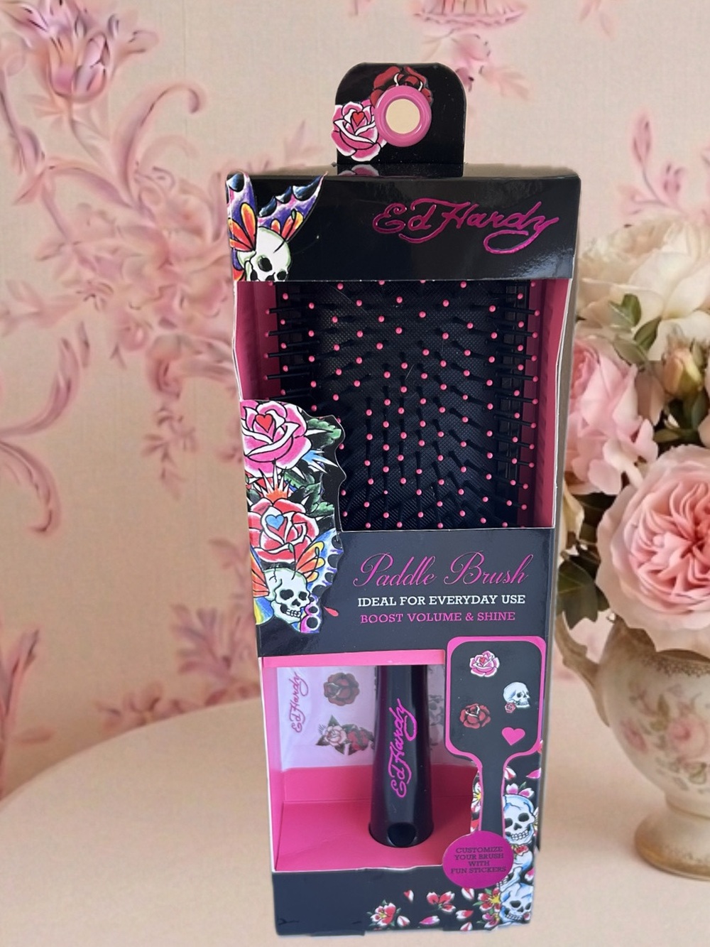 Ed Hardy Black and Pink Paddle Brush with Tattoo Floral Design